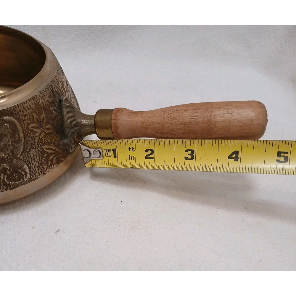 Exotic Copper Sauce Pot Wood Handle Hammered Design Fondue Party Vintage Patina